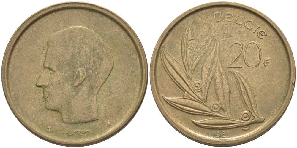 БЕЛЬГИЯ 20 ФРАНКОВ 1981 BELGIE, БОДУЭН I (1951-1993) KM 160 никель бронза 115-731