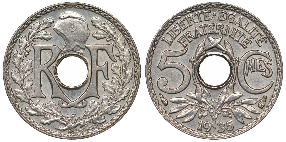 Франция 5 сантимов 1935 KM 875, Le Franc 122.18 медно-никель 4124-328