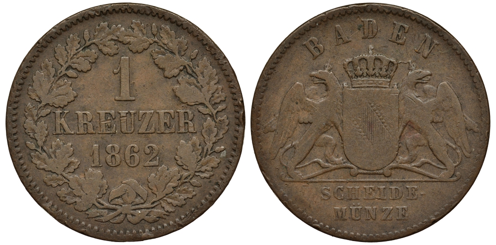 Баден 1 крейцер 1862 Великий Герцог Фридрих I (1856-1907) KM 242 медь 413-5323