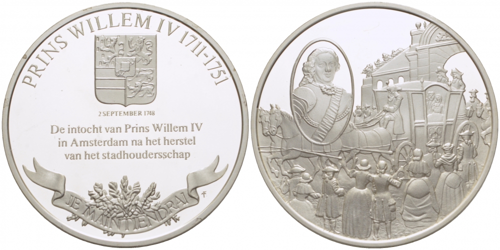 Нидерланды медаль ND серия великие правители, принц Вильгельм IV Оранский (1711-1751), 36 мм, 17,5 гр  серебро  PROOF  1082-8-22