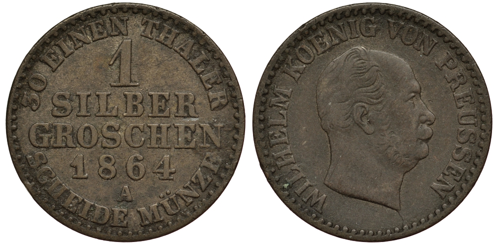 Пруссия 1 грош 1864 А, Вильгельм I (1861-1888) KM 485, Olding 415, AKS 103, Jaeger 89 серебро 413-5334