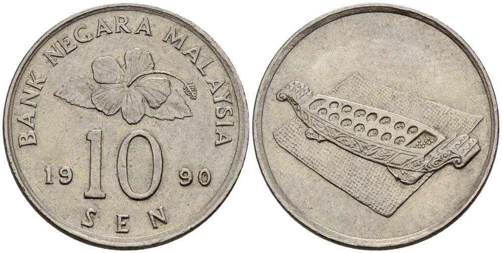 Малайзия 10 сенов 1990 цветок KM 51 медно-никель 4383-422