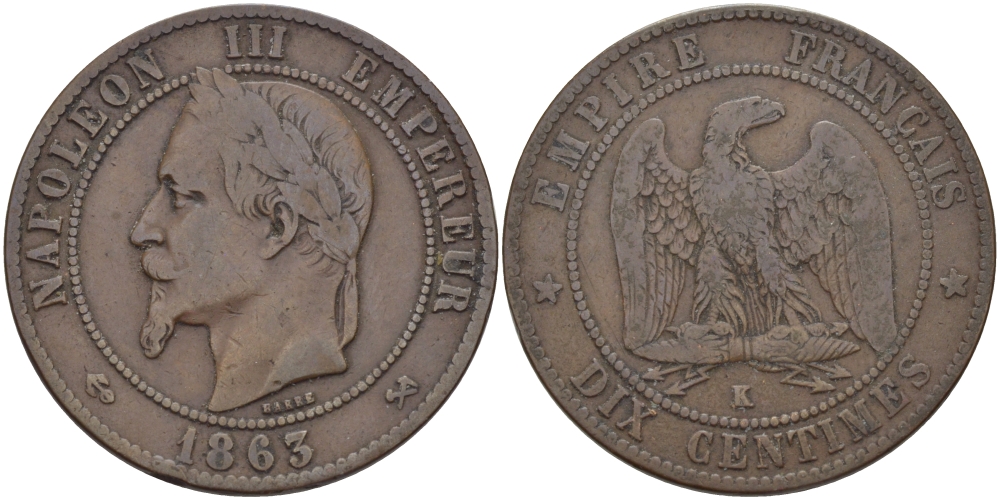 ФРАНЦИЯ 10 САНТИМОВ 1863 K, НАПОЛЕОН III (1852-1870) KM 798.3, LA FRANC 134.10 бронза 97-1232
