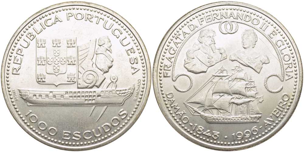 Португалия 1000 эскудо 1996 Восстановление фрегата Фердинанд II и Глория KM 688 серебро 1521-1344