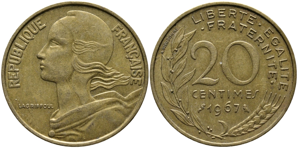 ФРАНЦИЯ 20 САНТИМОВ 1967 KM 930 медь алюминий никель 98-326