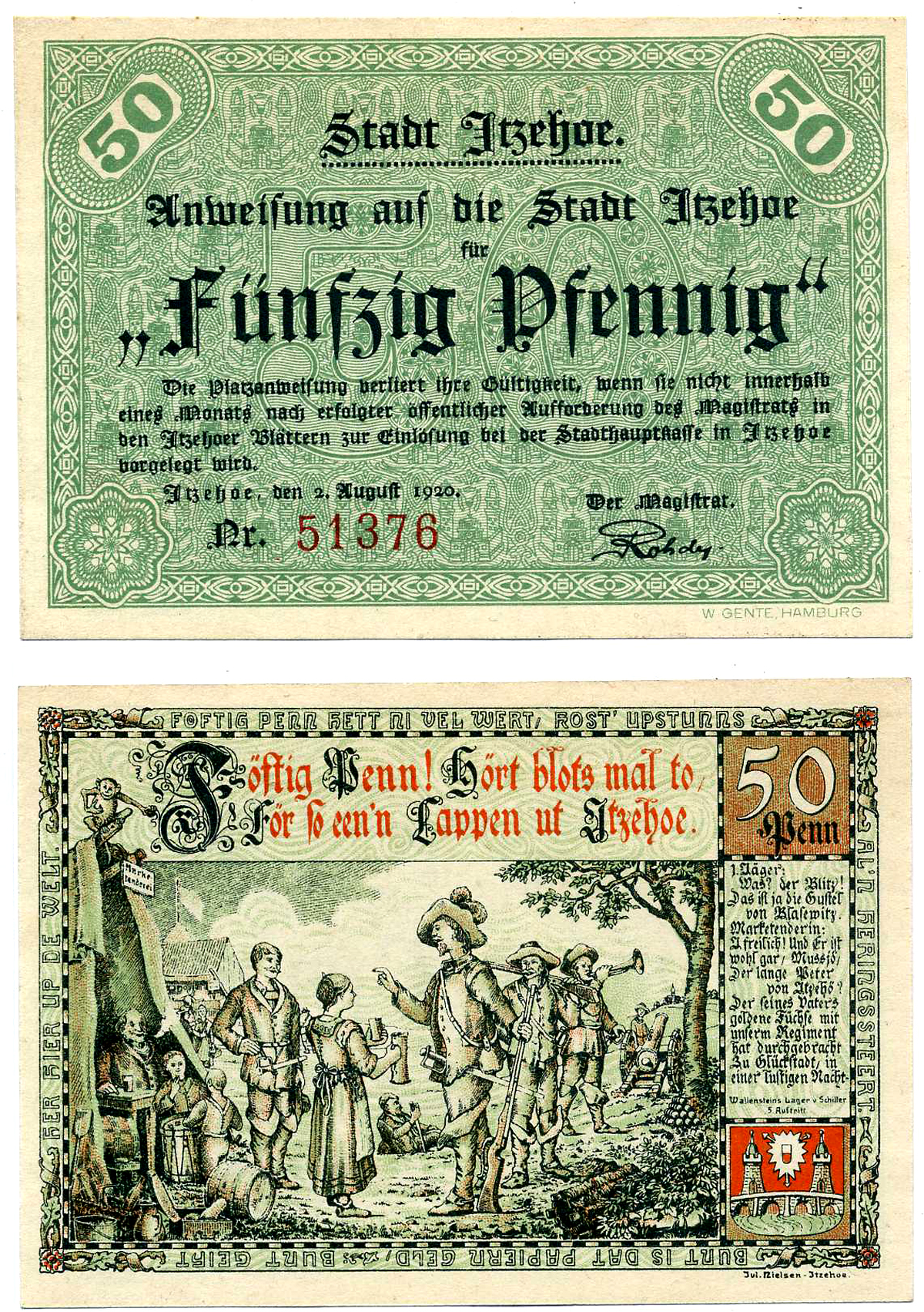 ИТЦЕХО 50 ПФЕННИГОВ 1920 2 АВГУСТА 1920, НОТГЕЛЬД, ЗЕЛЁНЫЙ ФОН, СЕРИЯ КРАСНАЯ, ЗЕМЛЯ ШЛЕЗВИГ-ГОЛЬШТЕЙН Grabowski 649.1а бумага 2193-9-1-1