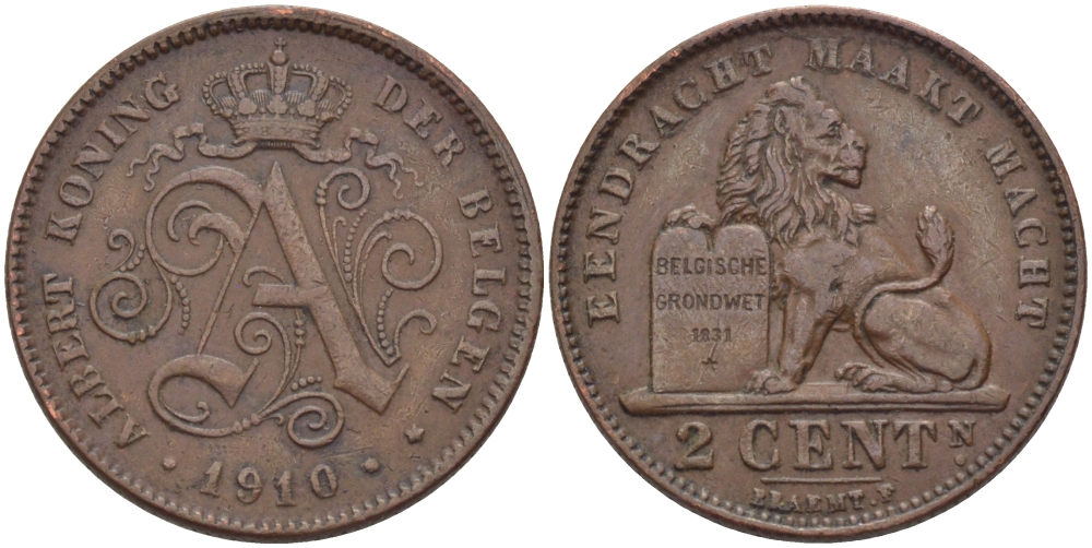 БЕЛЬГИЯ 2 САНТИМА 1910 BELGEN KM 65 медь 28-234