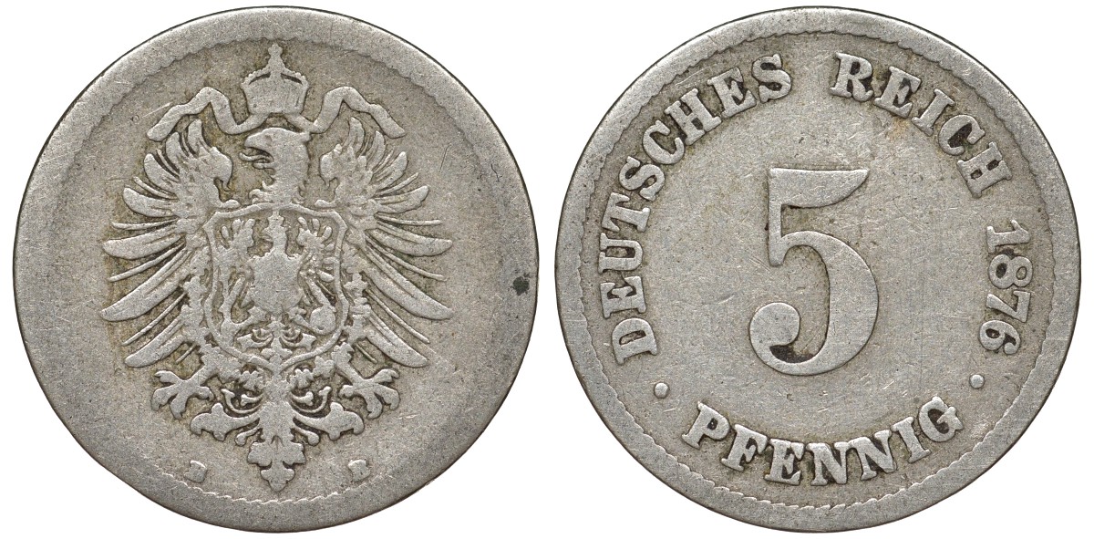 Германия 5 пфеннигов 1876 B, старогербовка KM 3, J. 3 медно-никель 51-3421