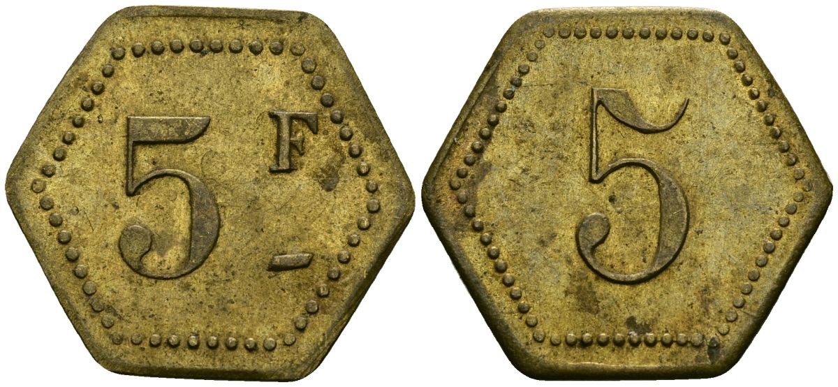 Франция 5 франков XIX-XX век ресторанный жетон латунь 4166-1016
