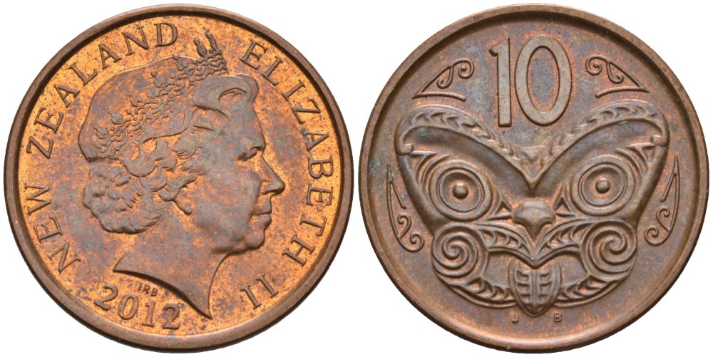 Новая Зеландия 10 центов 2012 маска Маори, Елизавета II (1952-) KM 117а сталь плакированная медью 51-1713