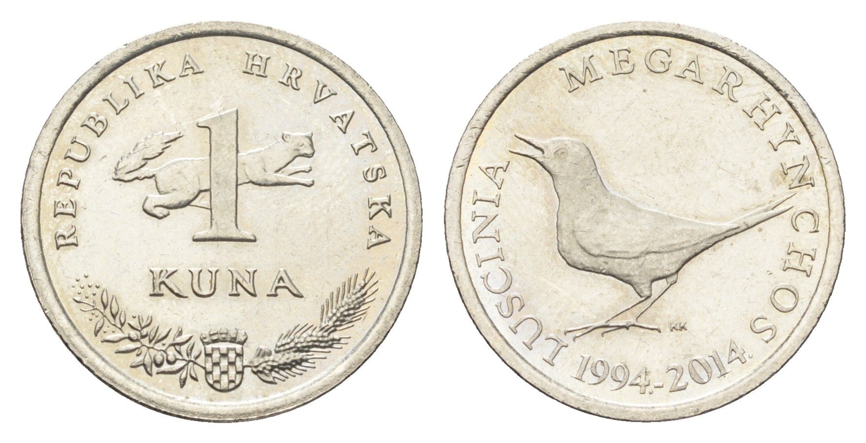 Хорватия 1 куна 2014 20 лет национальной валюте KM 104 медь цинк никель UNC 4659-654