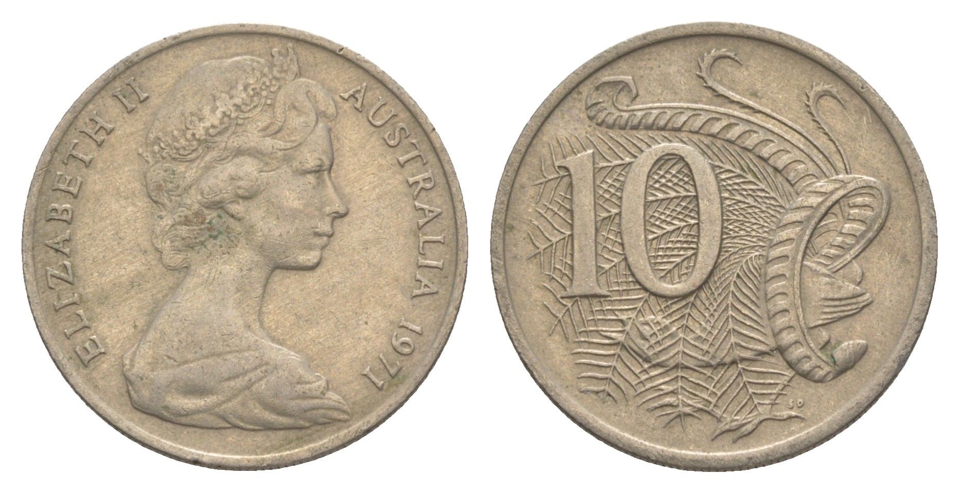 Австралия 10 центов 1971 Елизавета II (1952-2022), птица лирахвост KM 65 медно-никель 4364-114