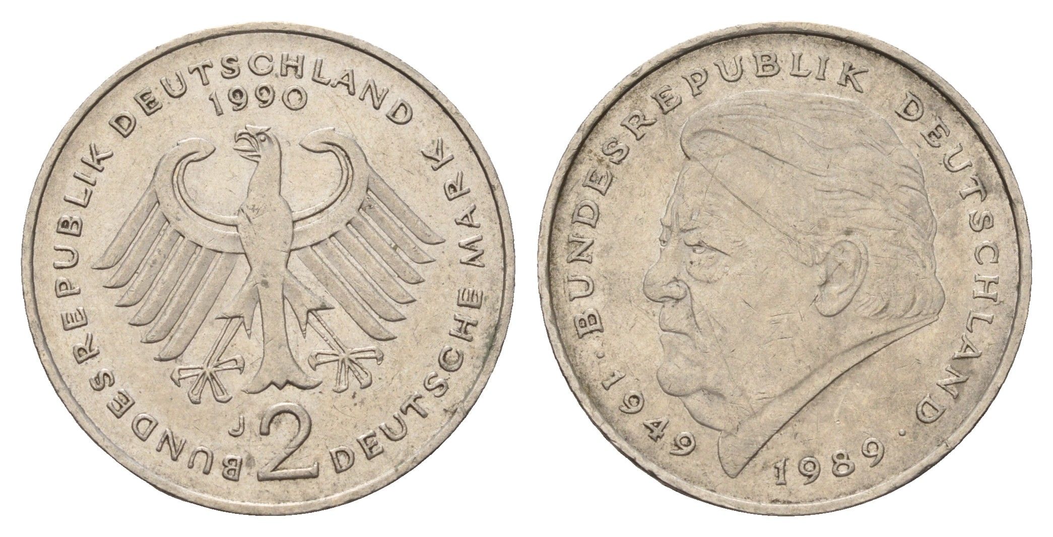 ФРГ 2 марки 1990 J, Франц Йозеф Штраус, 40 лет Федеративной Республике (1949-1989) KM 175, J. 450 медно-никель 3459-1022