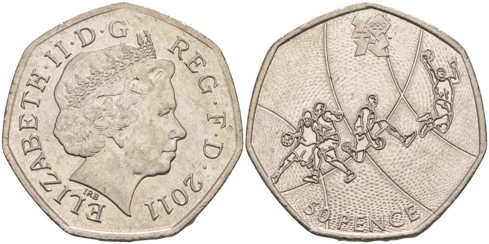 Великобритания 50 пенсов 2011 XXX летние Олимпийские игры в Лондоне в 2012 году, баскетбол, Елизавета II (1952-2022) KM 1190, Spink LO6 медно-никель 00-00