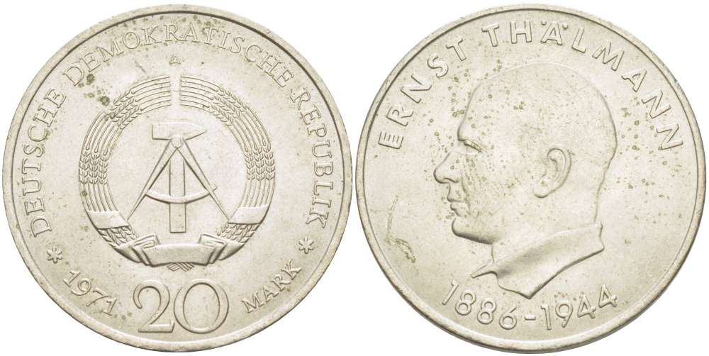 ГДР 20 марок 1971 A, 85 лет со дня рождения Эрнста Тельмана KM 34, J. 1535 медно-никель 4521-416