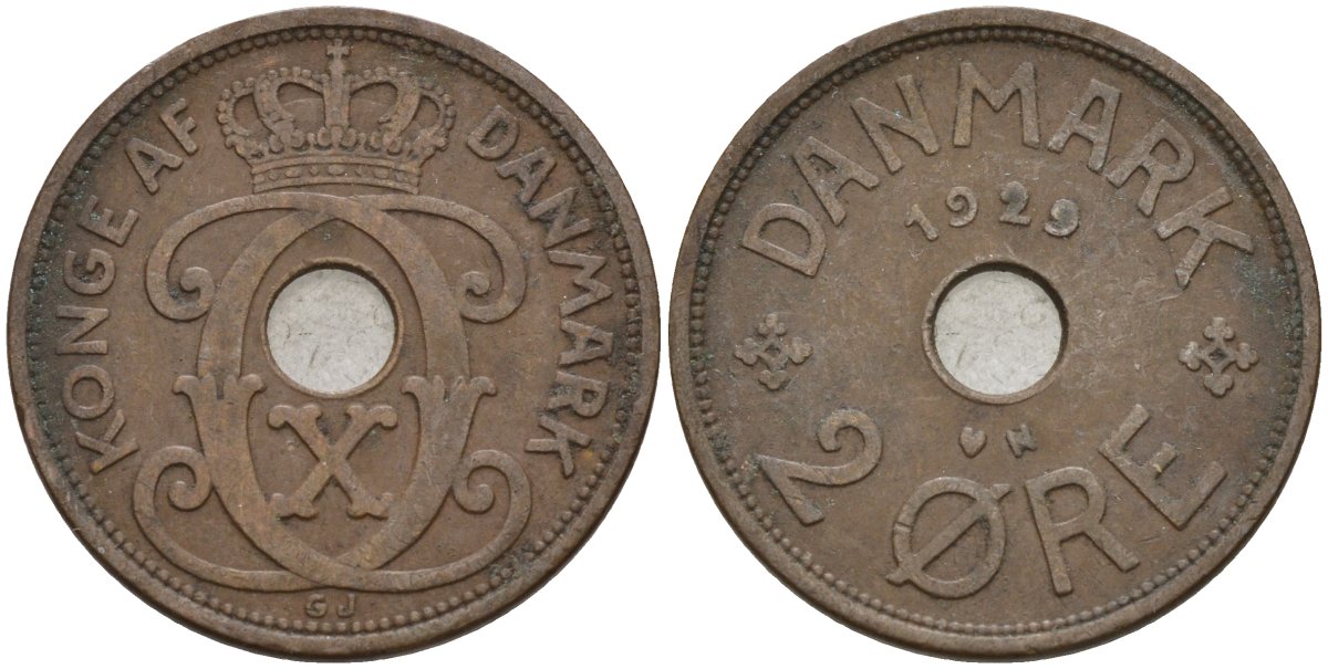 Дания 2 эре 1929 Кристиан X (1912-1947) KM 827 бронза 4147-457