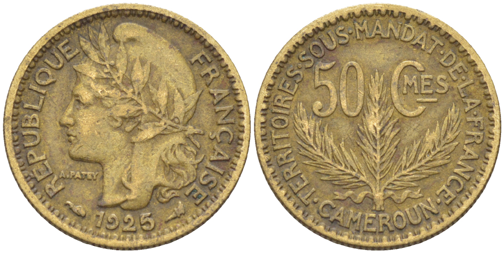 Французский Камерун 50 сантимов 1925 (а), монетный двор Париж KM 1 алюминиевая бронза 4608-948