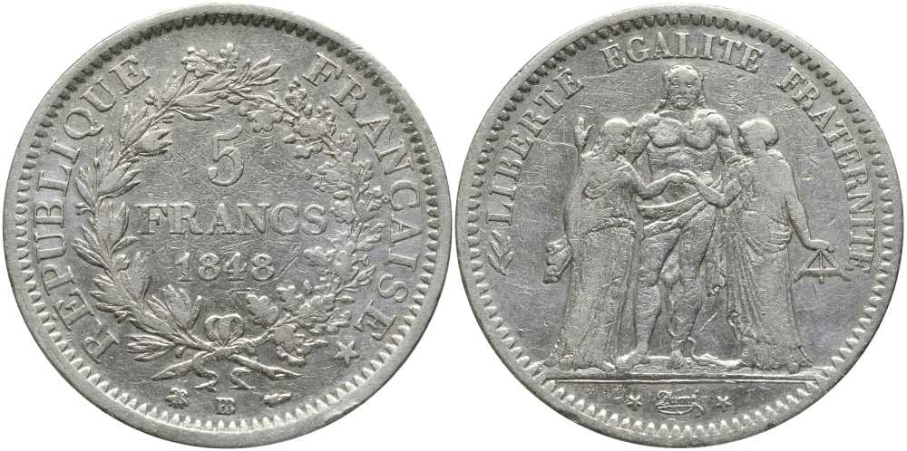 Франция 5 франков 1848 ВВ, богини Равенства и Братства, Геркулес, Le Franc 326.2 KM 756.2, Le Franc 326.2 серебро    633-1132