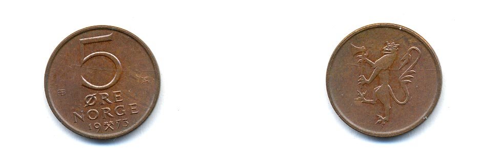 Норвегия 5 эре 1973 Улаф V (1958-1991) ​KM 415 бронза 4379-314