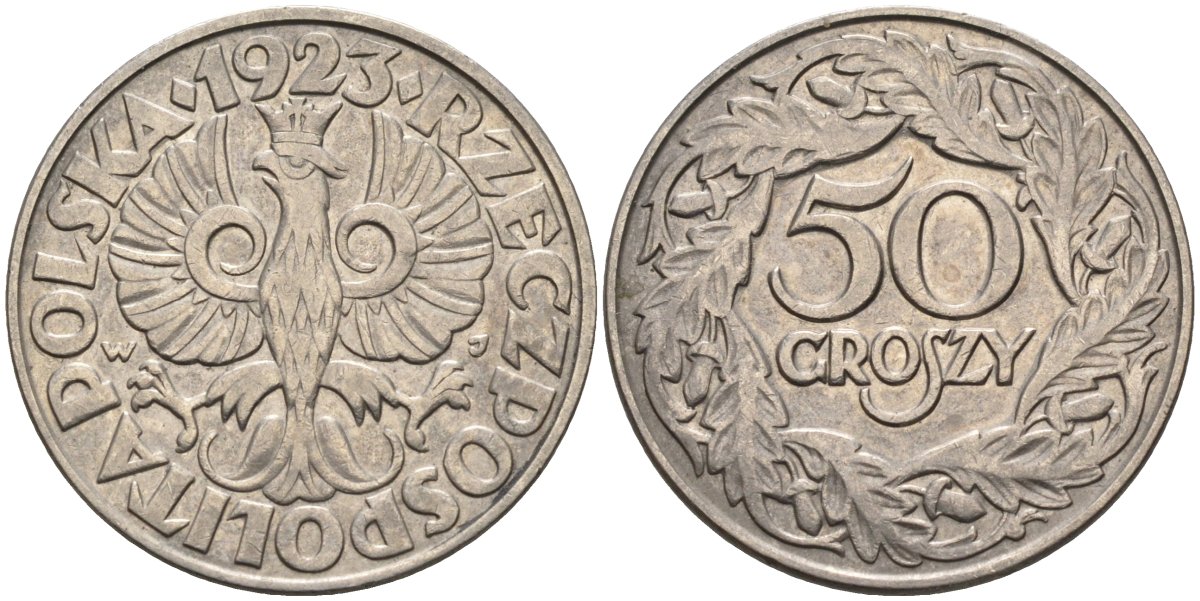 Польша 50 грошей 1923 Республика KM 13, Parchimowicz 106 никель 3336-117