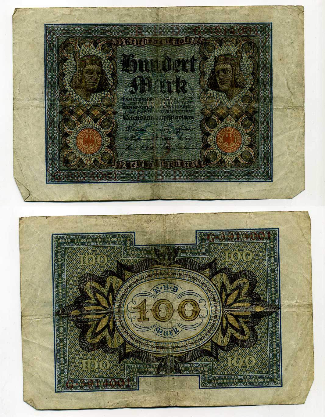 Германия 100 марок 1920 Бамбергский всадник, 7 цифр в номере Pick 69 a, Розенберг 67а  бумага 8619-34-1-2