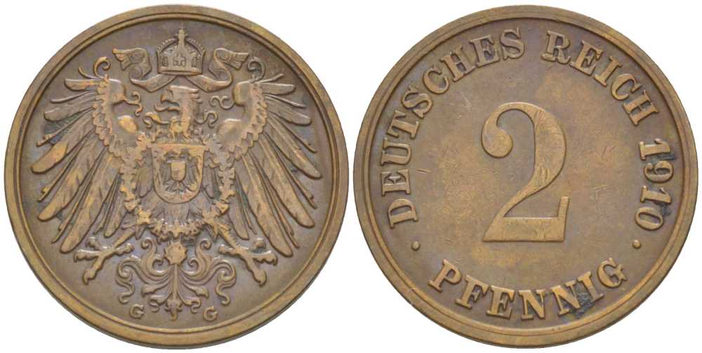 ГЕРМАНИЯ 2 ПФЕННИГА 1910 G KM 16, J. 11, Weege 4 медь 206-554