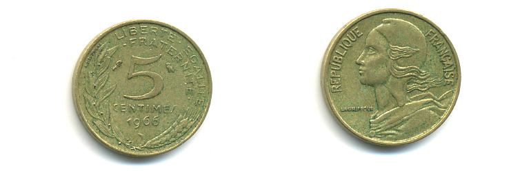 ФРАНЦИЯ 5 САНТИМОВ 1966 ТИП MARIANNE KM 933, LE FRANC 125.2 алюминиевая бронза 86-1721