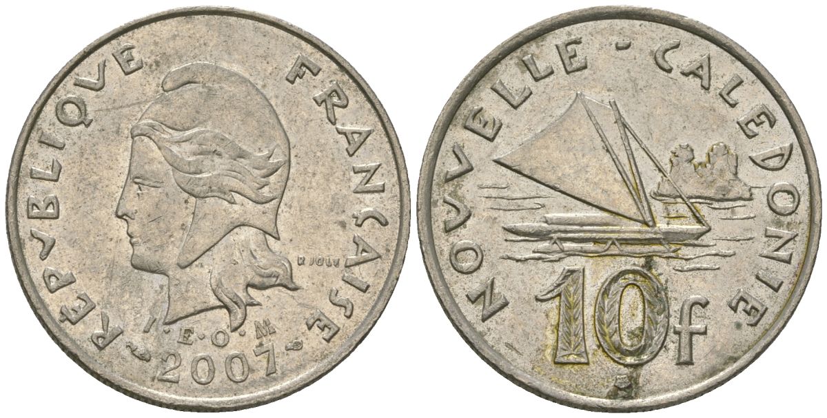Французская Новая Каледония 10 франков 2007 рыбачья парусная лодка, (IEOM) KM 11a, Schoen 13a, Lec 99k медно-никель 57-137