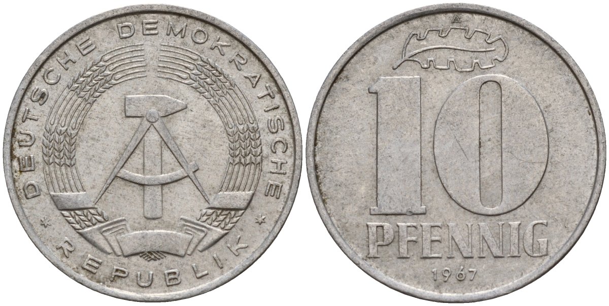 ГДР 10 пфеннигов 1967 A KM 10 алюминий 27-431