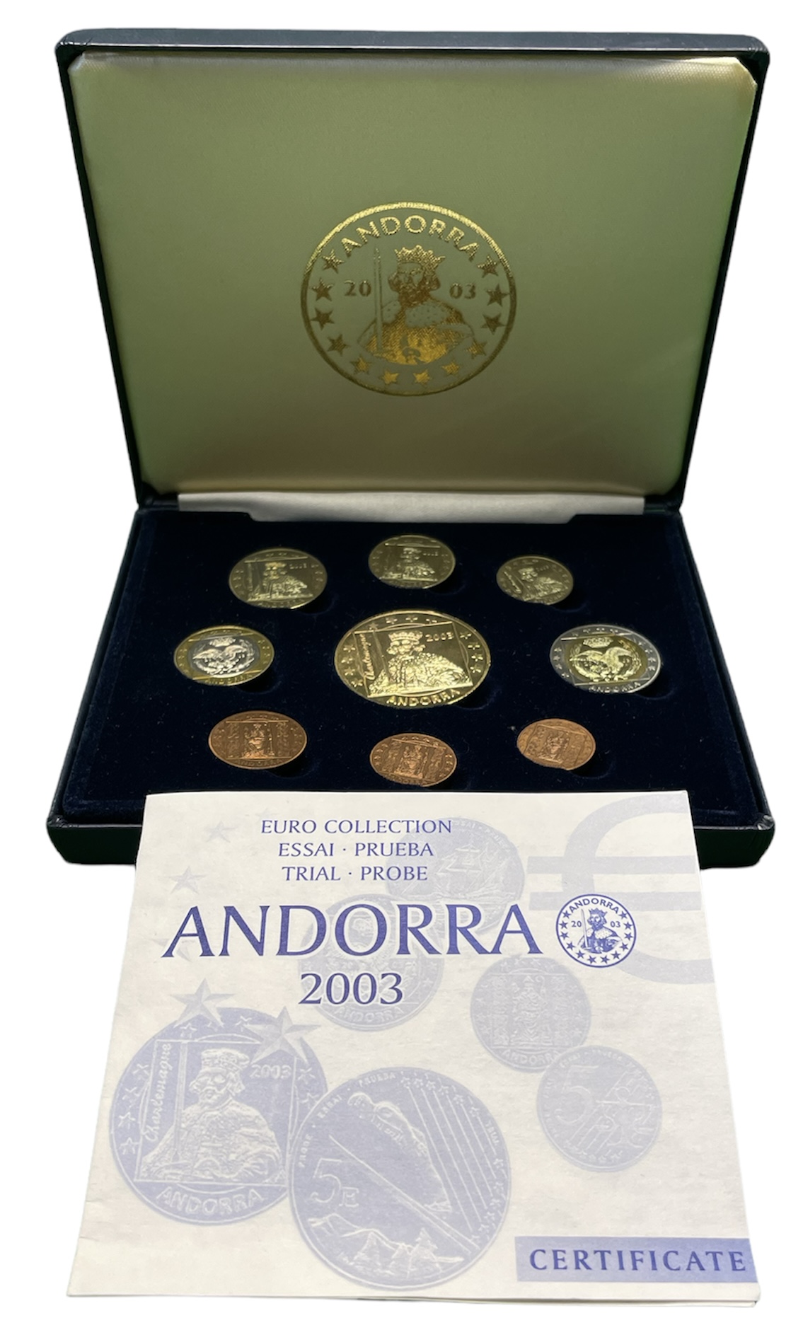 Андорра евронабор из 9 монет (с 5 евро) 2003 в оригинальной коробке, с сертификатом, PROBA, пробники    PROOF  5-4-6-13