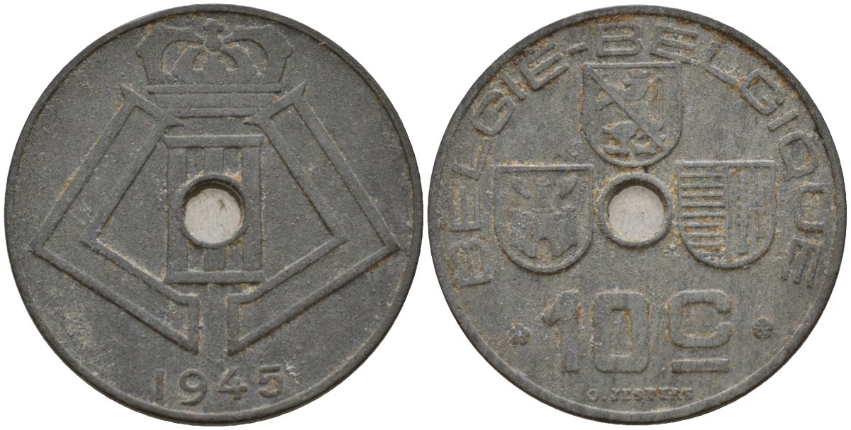Бельгия 10 сантимов 1945 Belgie - Belgique, Леопольд III (1934-1947), германская оккупация, Вторая мировая война KM 126 цинк 4161-352