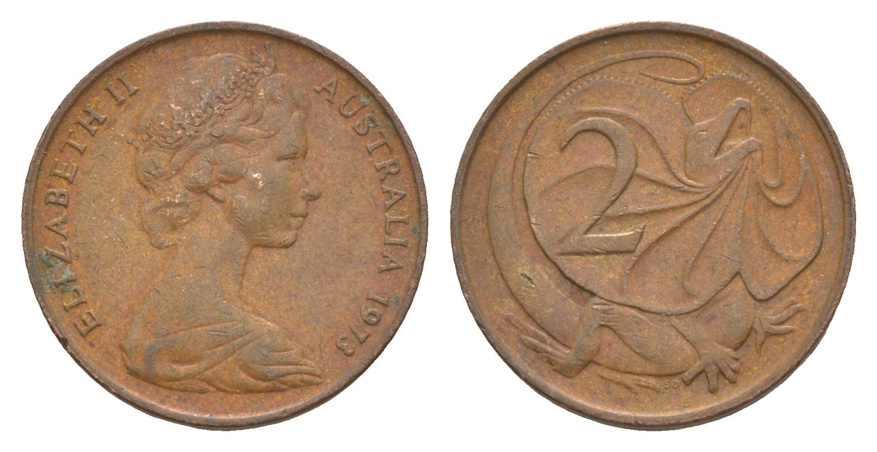 Австралия 2 цента 1973 Елизавета II (1952-2022), плащеносная ящерица KM 63 бронза 4585-1261