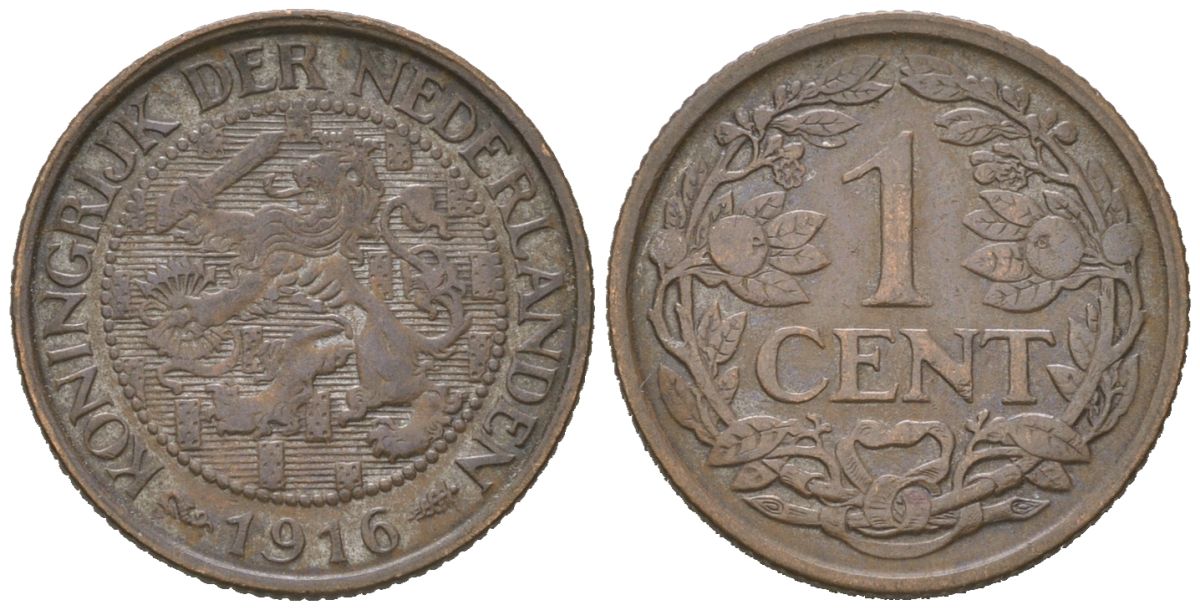 Нидерланды 1 цент 1916 Вильгельмина (1890-1948) KM 152 бронза 4152-249
