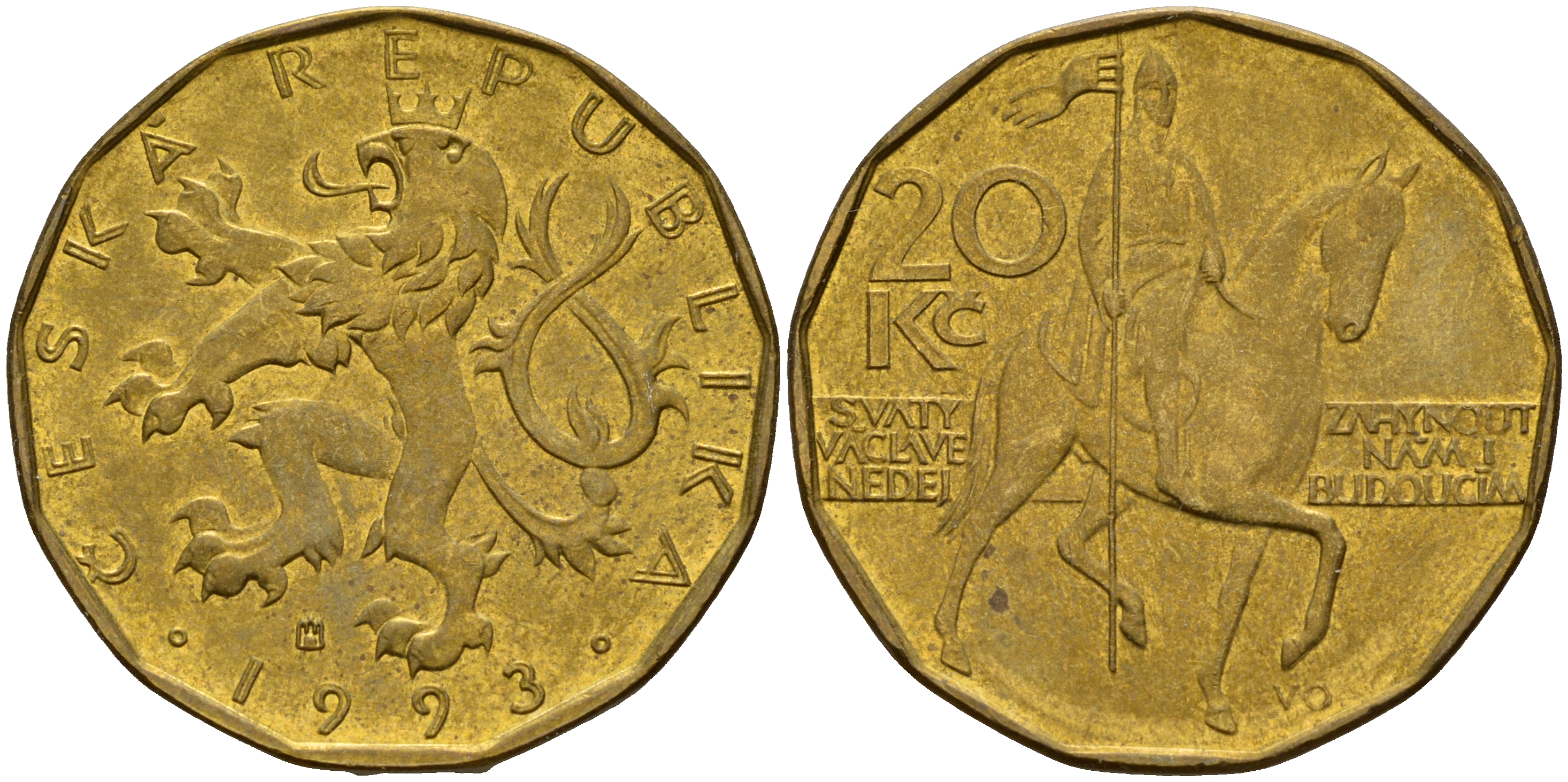 Чехия 20 крон 1993 чешский лев, герцог Вацлав на коне KM 5 сталь плакированная латунью    4599-632