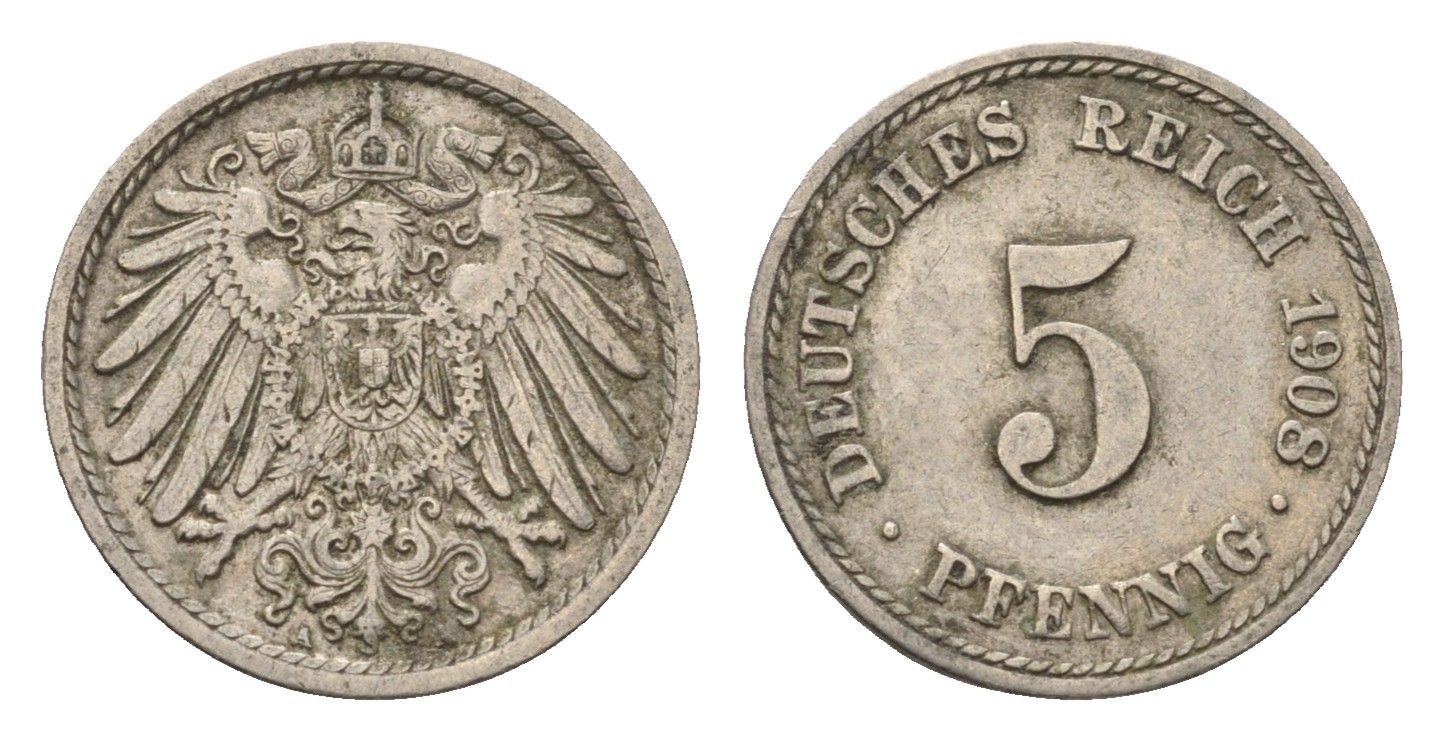 Германия 5 пфеннигов 1908 A KM 11, J. 12 медно-никель 4696-641