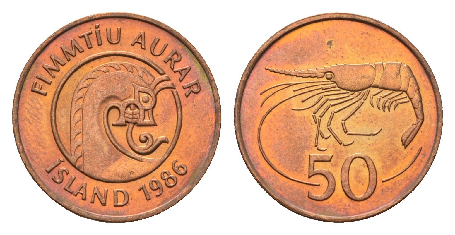 Исландия 50 эйре 1986 год-тип KM 26a сталь плакированная бронзой 4643-236