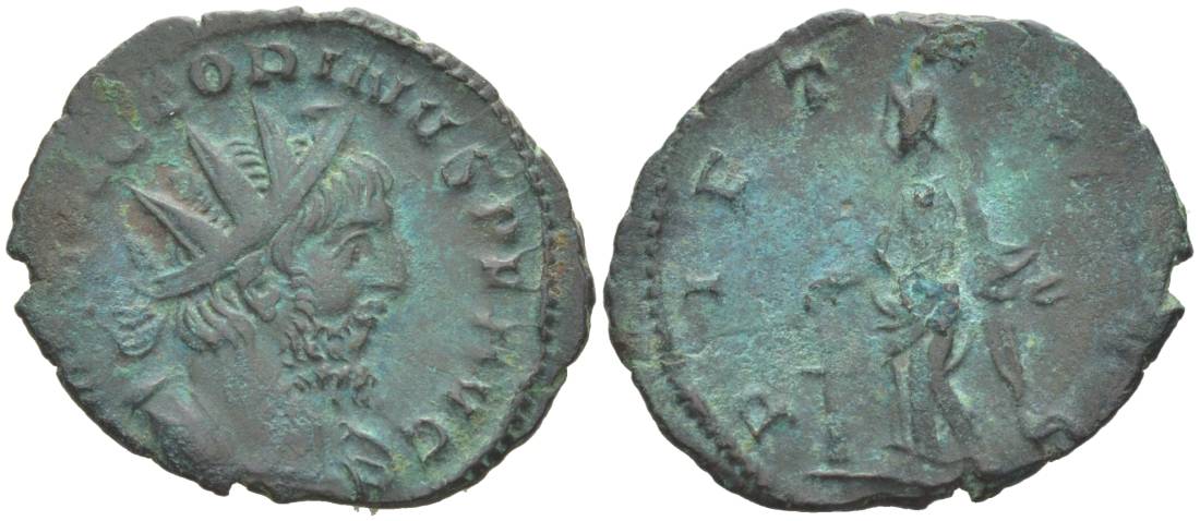 Римская Империя, императоры в Галлии антониниан 269 - 271 Викторин, IMP C VICTORINVS P F AVG, бюст императора / PIETAS AVG, Пиетата, персонификация Благочестия, Колония Агриппины (Кельн) RIC 57 биллон 1073-20-35