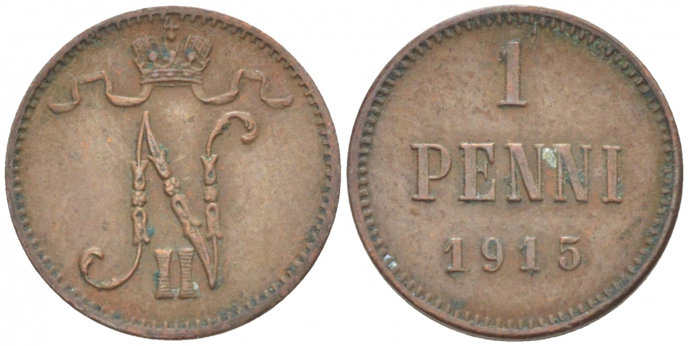 РОССИЯ ДЛЯ ФИНЛЯНДИИ 1 ПЕННИ 1915 НИКОЛАЙ II KM 13, Биткин 475 медь 4396-1465