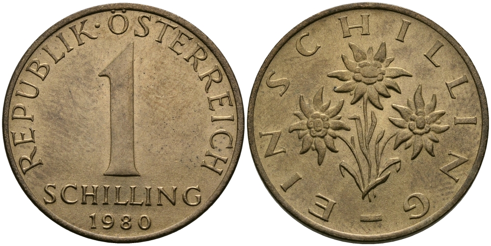 Австрия 1 шиллинг 1980 KM 2886 алюминиевая бронза 98-121