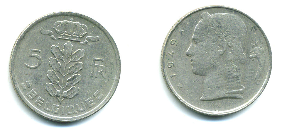 Бельгия 5 франков 1949 Леопольд III (1934-1950), Belgique KM 134.1 медно-никель 25-444