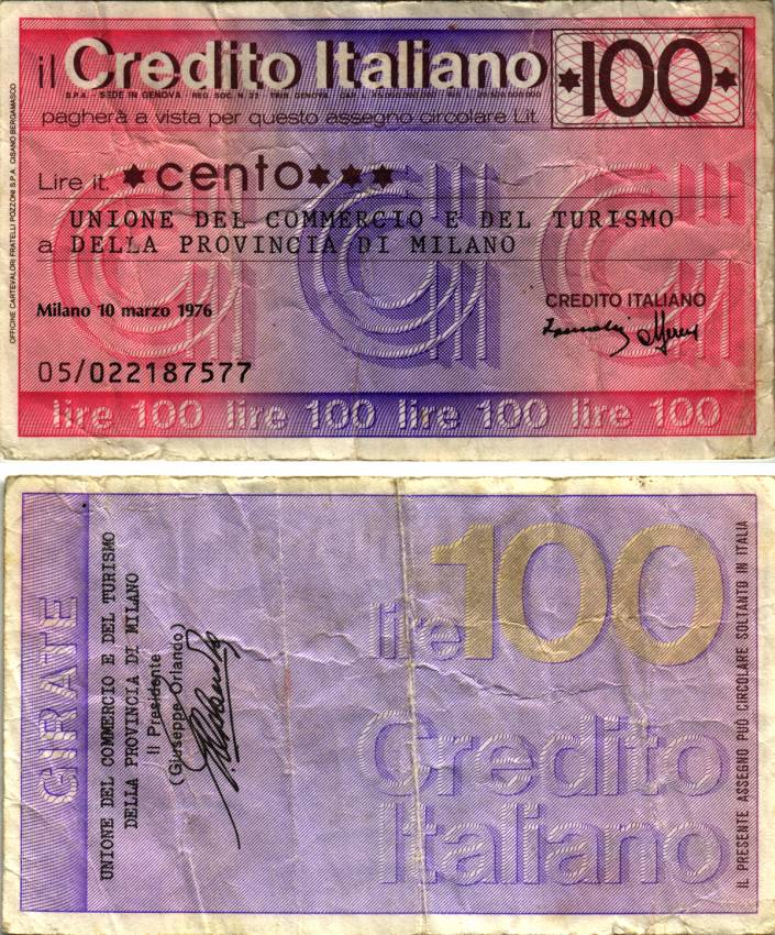 Италия чек на 100 лир 1976 Милан, 10 марта 1976, (unione del commercio e del turismo A DelLa provincia Di Milano) бумага 6280-33-4-1