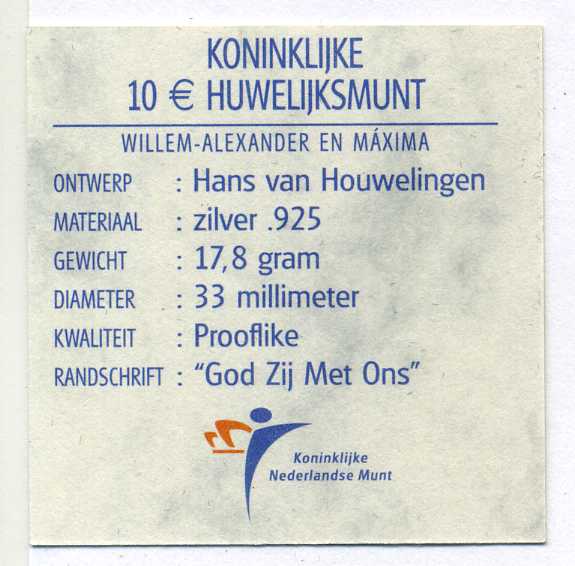 Нидерланды 10 евро 2002 свадьба а Виллема-Александра и Максимы, в оригинальной коробке, сертификат, вес 17,8 гр., проба 925 KM 243 серебро PROOFLIKE 00-00-00