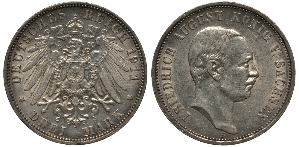 Саксония 3 марки 1911 E, Фридрих Август III (1904-1918) Weege 132, J. 135, KM 1267 серебро 3711-1335