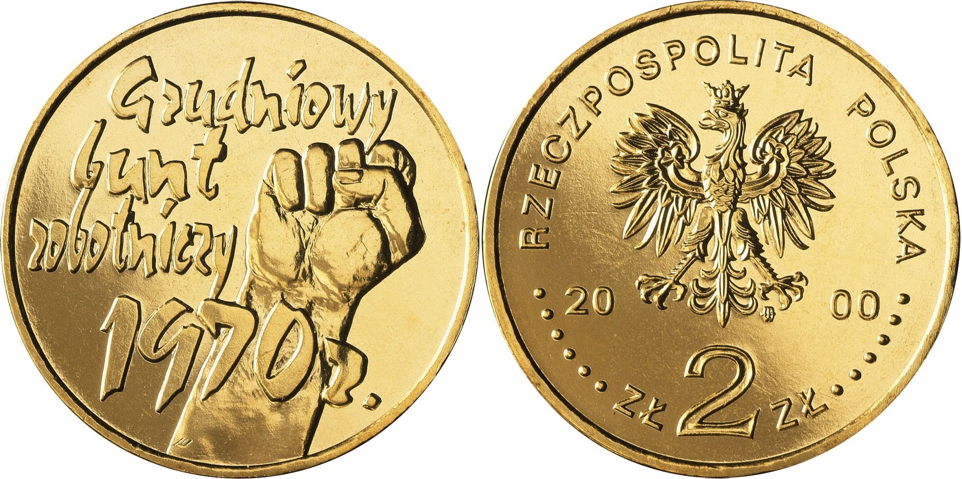 Польша 2 злотых 2000 MW, волнения 1970-1971 годов, 30-ая годовщина KM 404 нордик  UNC  4521-931