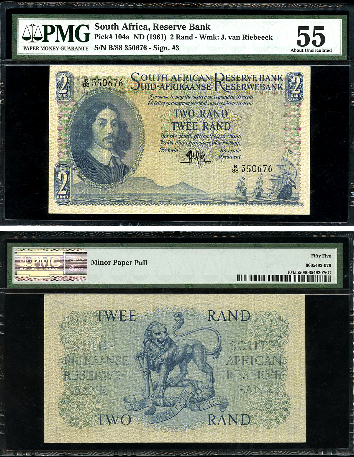 ЮАР 2 ранда ND (1961) Бартоломеус Вермуйден, лев, английский-африкаанс, в слабе PMG 55 About Uncirculated Pick 104 a бумага  aUNC  452-1-13