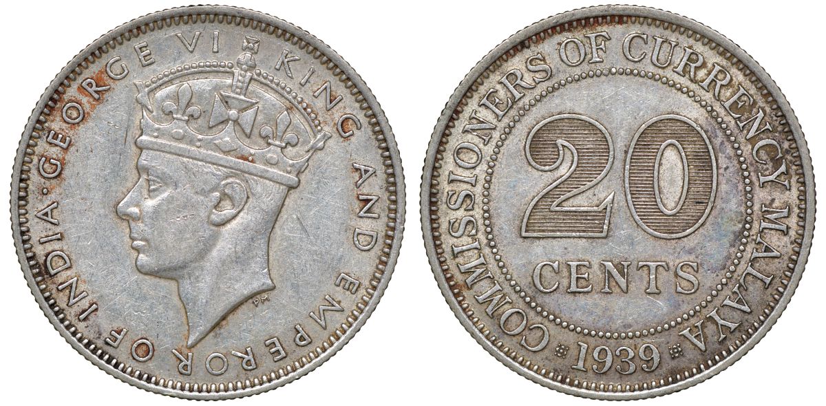Британская Малайя 20 центов 1939 Георг VI (1937-1952) KM 5 серебро 53-317