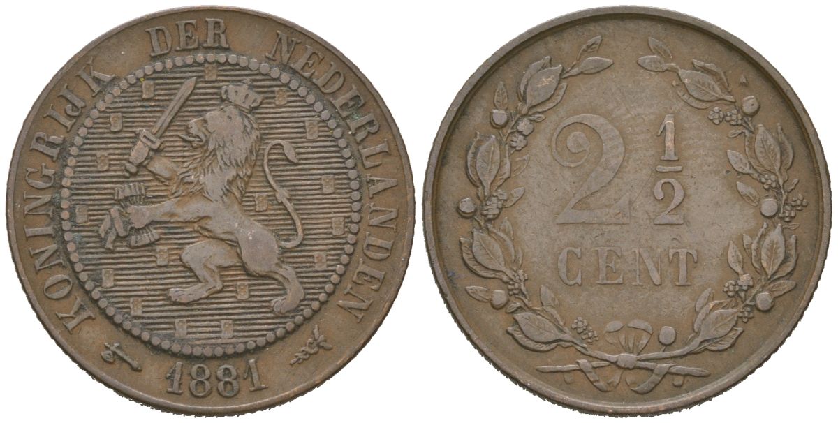 Нидерланды 2 1/2 цента 1881 Виллем III (1849-1890) KM 108 бронза 4582-1124
