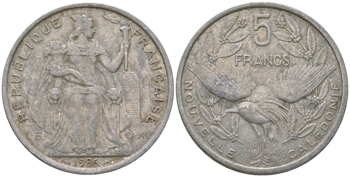 Французская Новая Каледония 5 франков 1986 птица кагу, (IEOM) KM 16, Schoen 12, Lec 76 алюминий 180-615