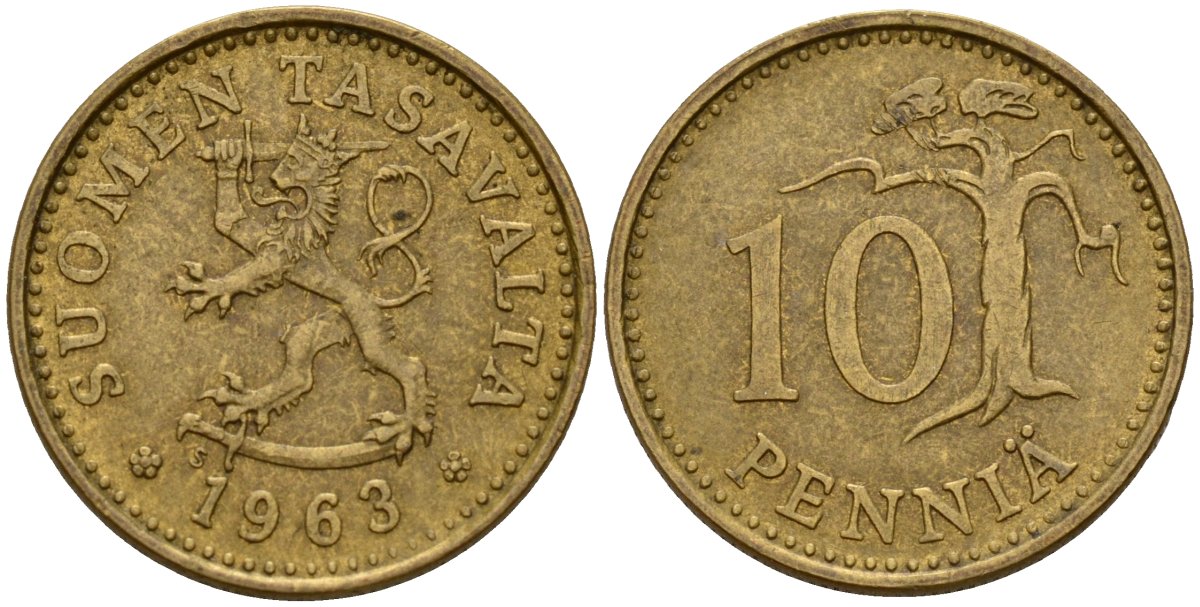 Финляндия 10 пенни 1963 KM 46 алюминиевая бронза 4152-1061