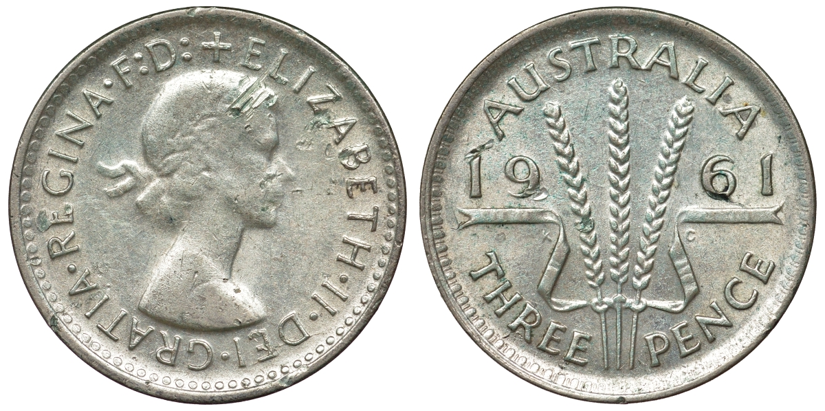 Австралия 3 пенса 1961 m, Елизавета II (1952-2022) KM 57 серебро 71-711